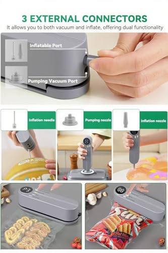 Mini Vacuum Sealer, 3 in 1 Cordless Handheld Vacuum Sealer for Dry/Moist Food Storage with 4 Snack Bags, Heat Sealer for Chip Bags, Inflation Pump for Balls/Swim Ring with 1 Needle/1 Nozzle (Grey)