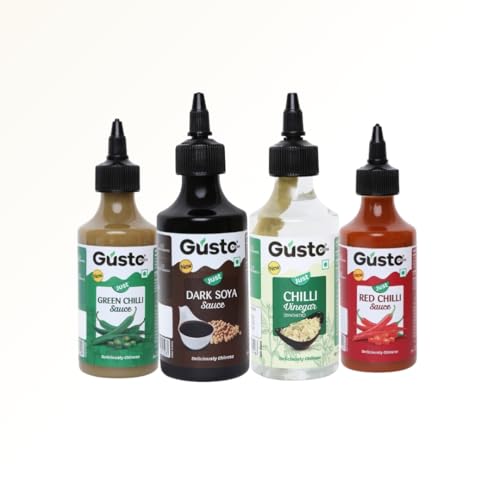 Gusto Foods Chinese Sauces Combo | Red Chilli Sauce 200gm + Green Chilli 190gm + Soya Sauce 310gm + Chilli Vinegar 170ml | Asian Sauces Combo | Ideal for Fried Rice, Noodles, Paneer & Vegetables