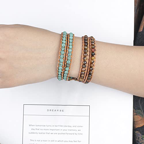 Kelitch Picasso Jasper Beads 2 Wrap Bracelet For Women Strand Brown Leather Cuff #TOP1