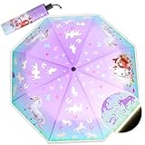 DPKOW Farbwechsel bei Regen Regenschirm Kinder, Pferde Regenschirm Taschenschirm reflective mit Reflexborte für Schulranzen, Fussball Geschenke Jungen Einschulungsgeschenke, Kinderregenschirme, 98cm