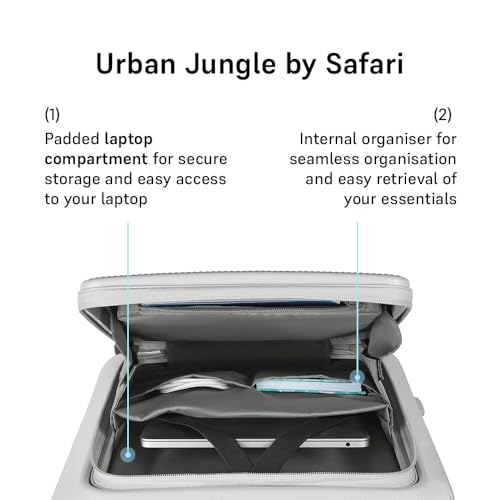 Image of Urban Jungle by Safari, Cabin Trolley Bag with Laptop Compartment, Hardside Polycarbonate Small (55 Cm) Suitcase with USB Charging Socket, 8 Silent Wheel Luggage for Both Men & Women (Cloud White)