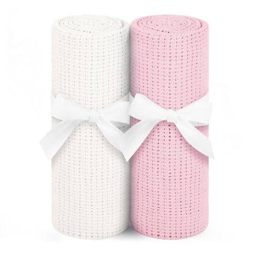 HAGOT 2 Piezas Manta Bebe, Algodon Manta Bebe Recien Nacido, Mantas Bebé Recien Nacido Regalo, Recién Niño o Niña para Carritos, Cunas (Rosa + Blanco)