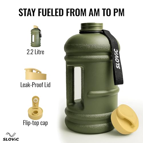 Image of SLOVIC Gallon Water Bottle 2 + Litre | Gym Motivational Sipper Water Bottle for Adults | 100% BPA Free & Leakproof | 2 Litre Sipper for Men & Women with Ergonomic Handle | Dark Green | 2200 ML