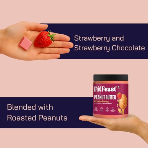 Image of FitFeast Peanut Butter | 400g Each | Pack of 1 | No Trans Fats | No Cholesterol | Sweetened with Honey | Antioxidant-Rich | As Seen on Shark Tank (Pack of 1, Strawberry)