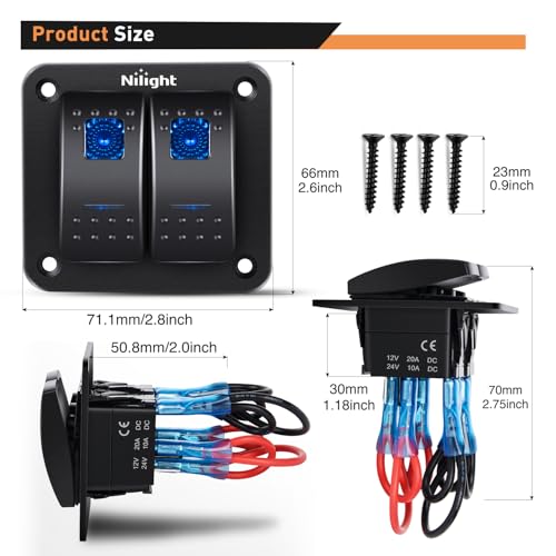 Image of Nilight 90106B 2 Gang Rocker Switch Panel 5 Pin On Off Pre-Wired Rocker Switch Aluminum Panel Waterproof Switche Panel for 12V /24V Automotive Cars Marine Boats ATVs Trailers,2 Years Warranty , Blue