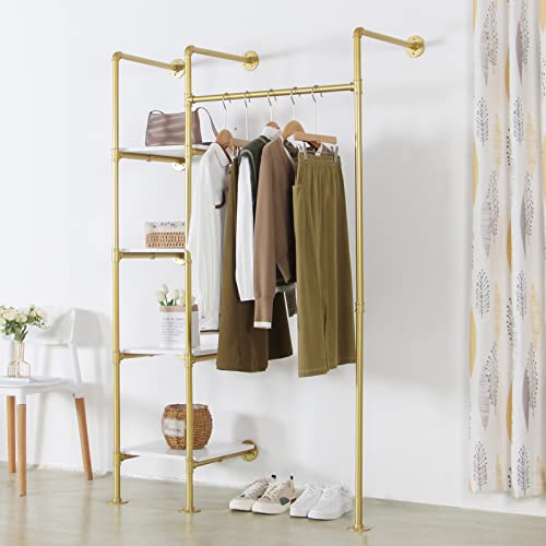Edcb Garment Rack Heavy Duty Clothes Rack For Hanging Clothes, Metal Freestanding Closet Wardrobe Rack, Gold Industrial Pipe Clothing Rack With Shelves Closet Rods System #TOP2