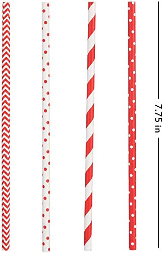 Image of ALINK Biodegradable Red Paper Straws Bulk - 100 Dots /Stripes /Waves Straws for Beverage, Christmas, Holiday, Birthday, Wedding, Baby /Bridal Shower, Party and Decoration