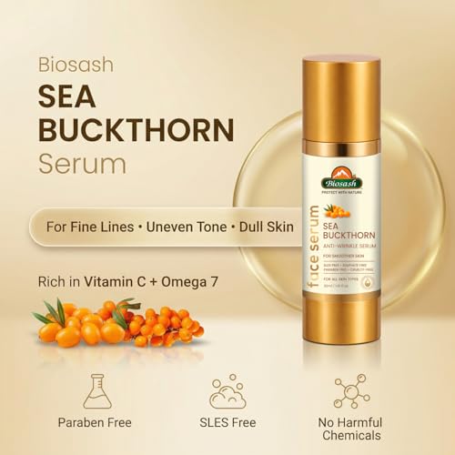 Image of Biosash Sea Buckthorn Anti-Wrinkle Serum 30ml | Vitamin C & E, Omega 3 6 7 9, For Dark Spots & Glowing Skin, Himalayan Berry Oil