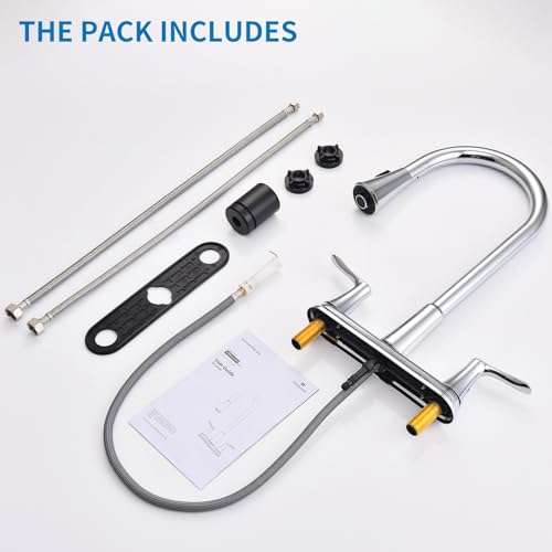 HOMELODY 2 Handles Kitchen Faucet with Pull Down Sprayer for 3 Hole Sink, 8 inch 360° Rotating Spout Centerset Kitchen Sink Faucet with Water Lines Chrome by HOMELODY - Image 8