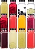 12 Pack 8 oz Glass Juice Bottles with Black Lids & Labels, Reusable Travel Juice Storage Containers, Clear Glass Drink Jars for Juicing, Water, Ginger, Wellness Shots - Leakproof, Dishwasher Safe