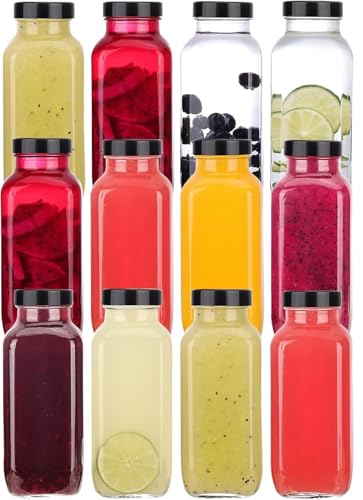 12 Pack 8 oz Glass Juice Bottles with Lids & Labels
