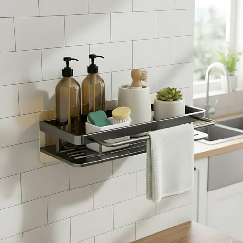Image of amazon basics Steel Bathroom Organiser Without Drill | Bathroom Accessories & Organizer | 2 Hooks and Towel Holder | Kitchen Sink Organiser | Wall Mounted Shelves Pack of 1