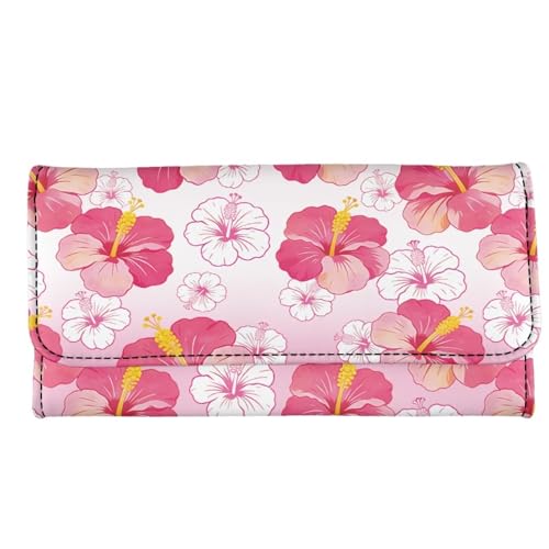 Image of AFPANQZ Tropical Pink Flower Womens Leather Wallets Large Capacity Card Holder Zipper Travel Purse, Phone Holder Coin Zip Pocket Multi Cards