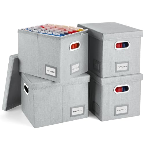 YWPXSN File Organizer Box with Lid - Hanging File Box with One-Piece Plastic Frame - Collapsible Decorative Document Storage Bins for Office Home (Light Grey, 13.2x10.1x10.1in(4Pack)) -  PX-CMWJH-1