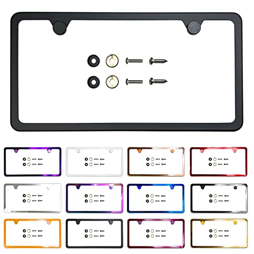Two Holes Slim Version License Plate Frame Matte Black Powder Coated Universal Fit Aluminum Screw On Cap Cover, T304 Stainless Steel, Rust Proof Weather Proof Stainless Steel Screws (Qty: 1 Frame)
