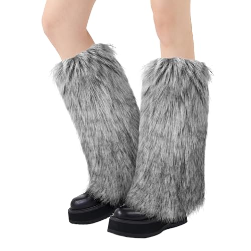 XEPST Damen Kunstpelz Beinwärmer Plüsch Beinwärmer, Mädchen Furry Fuzzy Beinwärmer Winter Stulpen Damen für Winterwärmer Karneval Halloween Fasching Mottoparty Verkleidung, Grau + Weiß