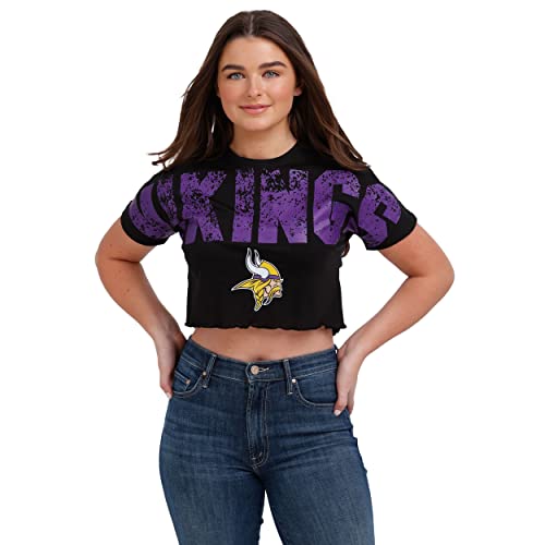 FOCO NFL Minnesota Vikings Womens Distressed Wordmark Crop Top ShirtDistressed Wordmark Crop Top Shirt, Team Color, Small