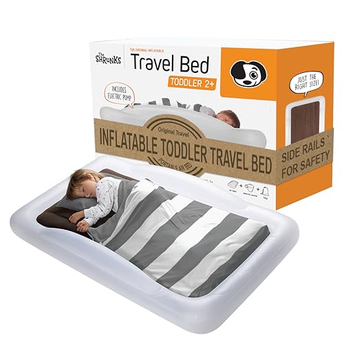 The Shrunks Toddler Travel Bed Portable Inflatable Air Mattress Bed for Travel or Home Use, White, Kids Air Bed for Camping and Sleepover with Security Rails and Electric Pump 152 x 94 x 23cm
