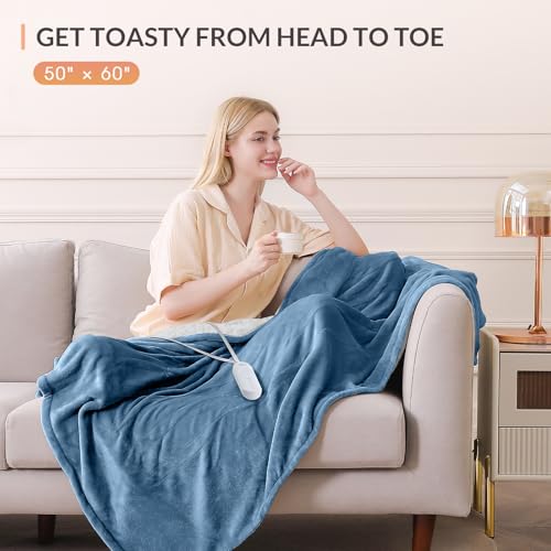 Image of HOMLYNS LuxeHeat Heated Blanket Electric Blanket, Soft Flannel Sherpa Heated Throw, Heating Blanket with 5 Heat Settings, 3 hrs Timer Auto Shut Off (50x60 inches, Blue), Only for 120V Voltage Use