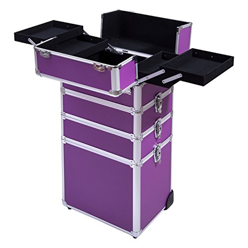Ollieroo 4 in 1 Aluminum Rolling Cosmetic Makeup Train Cases Trolley Professional Artist Train Case Organizer Box Lift Handle Lock 2 wheel 2 Keys Each Layer Total 8 Keys Purple - Thumbnail 7