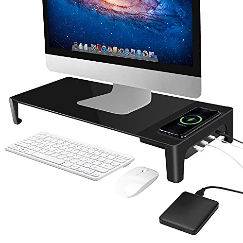 Iocean Monitor Riser, Tempered Glass Desk Computer Stand with 4 USB 3.0 Hub Fast Charging Ports and Wireless Bluetooth Speaker,Keyboard and Mouse Storage Desk Organizer for Laptop,Computer