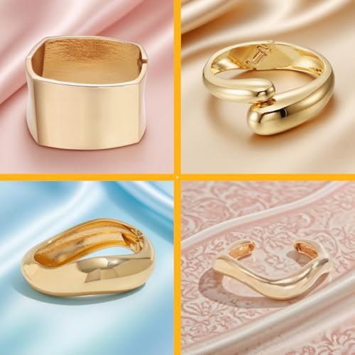 4PCS Chunky Gold Bangles Cuff Bracelet Stack Jewelry Set for Women - Open3