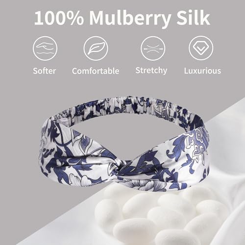 Image of ZLYC Mulberry Silk Headband for Women's Hair, Floral Navy and White | smooth luxury real silk, stretch elastic no slip fit, makeup spa skincare use, travel daily wear,boho fashion hair accessory