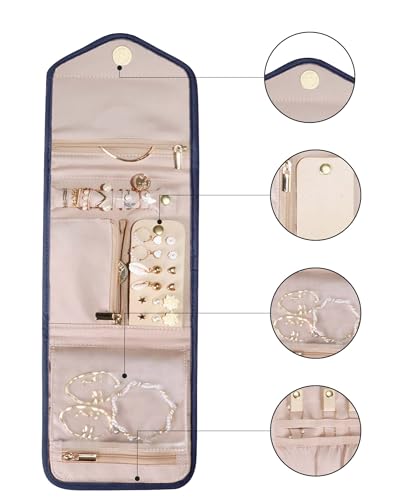 BAGSMART Travel Jewelry Organizer Case Foldable Jewelry Roll for Journey Rings, Necklaces, Earrings, Bracelets,Mini,Smokey Blue - Thumbnail 7