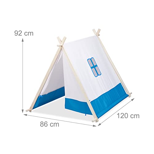 Relaxdays speeltent voor kinderen, laag, met venster & deur, HBD: 92 x 86 x 120 cm, wigwam kindertent, binnen, blauw/wit - Afbeelding 5