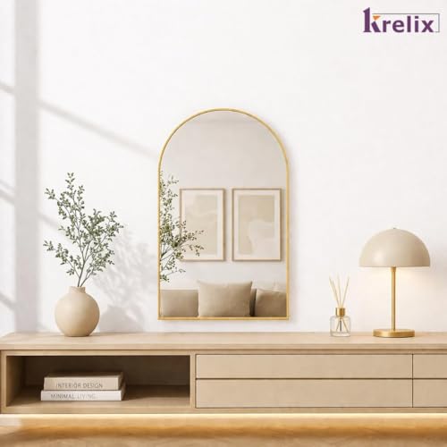Image of 12x18 Inch Gold Arched Vanity Mirror - Modern Plastic Frame Wall Mirror for Bathroom, Bedroom & Home Decor(Gold, Cruved)