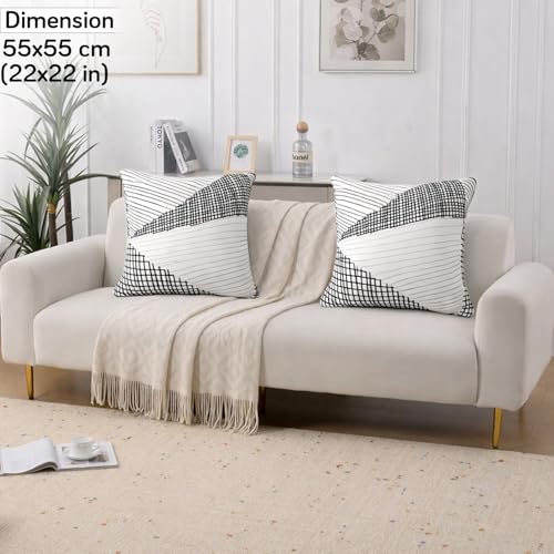 Image of HOKIPO 'Elira Series' Stretchable Cushion Cover for Sofa 22 inch x 22 inch, Packof 2, Snow White Black Geometry (AR-6712-C9*2)