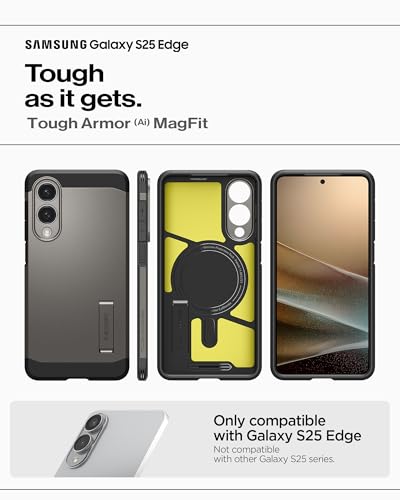 Image of Spigen for Galaxy S25 Edge Case, Tough Armor MagFit [Kickstand] [Compatible with MagSafe] [Military-Grade Protection] - Gunmetal
