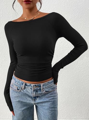 PRETTYGARDEN Long Sleeve Shirts for Women 2025 Fall Ruched Sides Boat Neck Basic Tee Casual Fitted Ribbed Knit Crop Tops