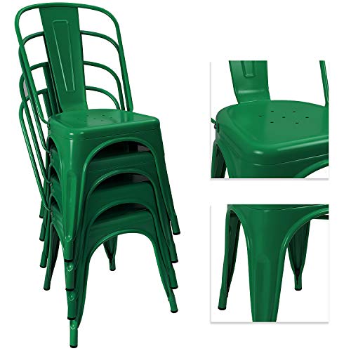 Image of Devoko Metal Indoor-Outdoor Chairs - Distressed Style Kitchen Dining Set of 4 Stackable Side Chairs with Back (Green)