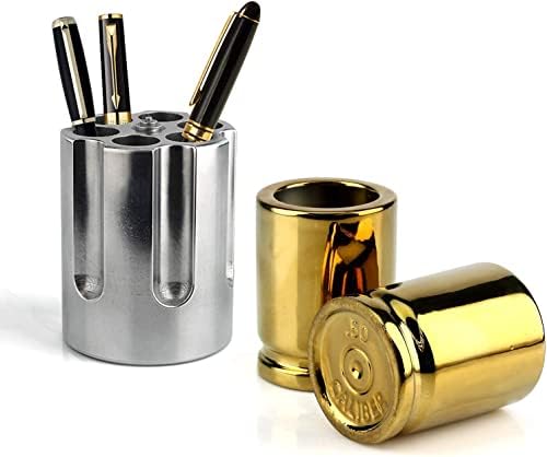 Barbuzzo Gun Themed Reward Set – 50 Cal Shot Glasses (set of two) and Gun Cylinder Heavy Responsibility Aluminum Pen Holder & Paper Weight