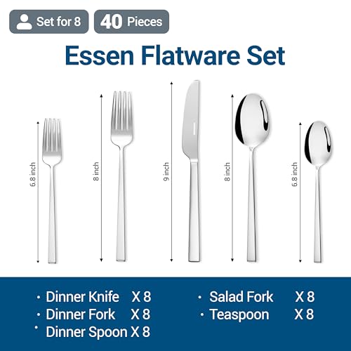 Stahlsmith Essen Flatware Set for 8, 40-Piece 18/10 Stainless Steel Silverware Set, Modern Cutlery Set with Mirror Finish, Dishwasher Safe Kitchen Utensil Set, House Warming Gifts New Home by Stahlsmith - Used condition - Image 3