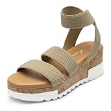 Athlefit Women's Casual Cork Platform Wedge Sandals Open Toe Elastic Ankle Strap Flatform Sandals for Summer, Khaki, Size 9.5, AD00102