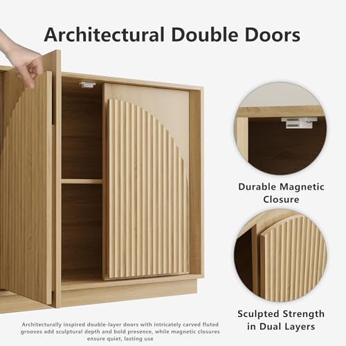 win2win Fluted Sideboard Buffet Cabinet with Storage, 65" Modern Accent Cabinet with Double-Layered Arch Doors, Wood Boho Media TV Console Table Credenza for Living Dining Room Hallway Entryway, Oak - Image 6