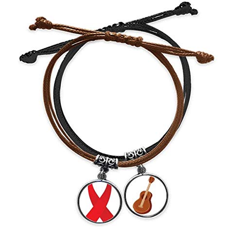 Pulsera de la cinta roja del SIDA en cuero negro con guitarra
