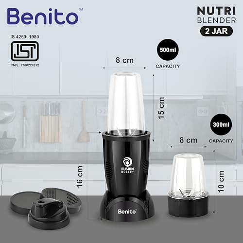 Image of Benito FUSION Bullet 500W Nutri Mix Grinder with 2 Jars | Compact ABS Body with Premium Motor | All-in-One Mixer for Smoothies, Spice, Juices & More | Black | 1 Years Warranty