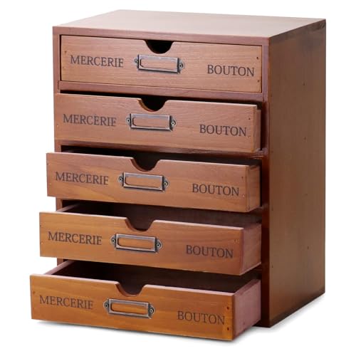 Vintage 5-Drawer Wooden Desk Organizer Vintage Wooden Storage Box Desk Home Desk Organizer Craft Paper Storage Apothecary Cabinet Organizer For home office kitchen living room toilet bedroom
