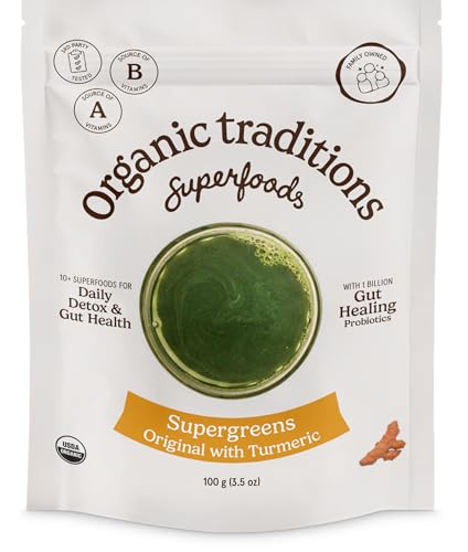 Organic Traditions Super Greens Powder Superfood with Turmeric, Organic Greens Superfood Powder, 100g/3.5oz Bag