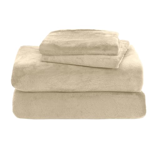 Elegant Comfort Luxuriously Soft 4-Piece Velvet Plush Flannel Sheet Set - Premium Quality - Cozy Warm, Anti-Static, Non Pilling Fuzzy Velvet Flannel Fleece Deep Pocket Sheet Set - Twin, Cream