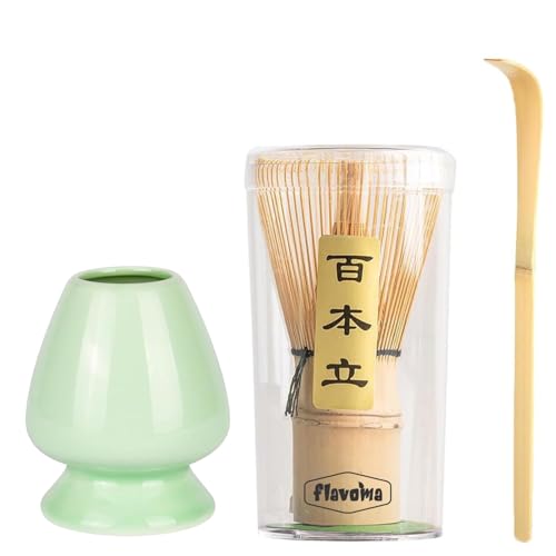 Image of Flavoma (Sets of 3) Japanese Handmade Bamboo Matcha Whisk (Match Brush Japanese Style) + Traditional Scoop (Chashaku) + Ceramic Tea Whisk Holder, Prepare a Traditional Cup of Matcha