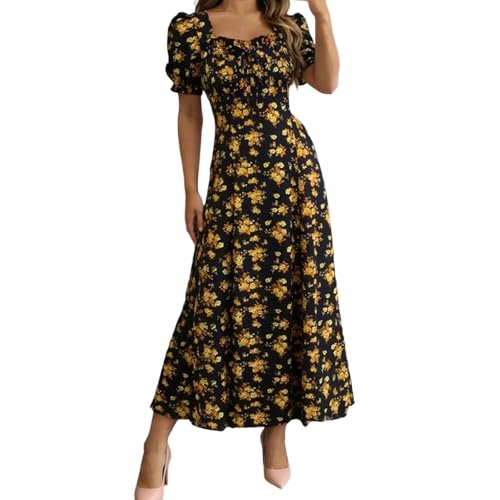 Robe d'été longue fleurie à coupe trapèze et col carré pour femme