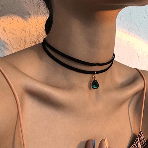 Iaceble Vintage Layered Suede Choker Necklace Green Teardrop Clavicle Necklace Black Velvet Choker Necklace Cz Emerald Pendant Necklace Collar Jewelry For Women And Girls #TOP1