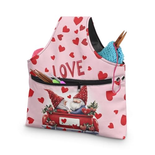 Image of KUIFORTI Love Heart Yarn Bag Crochet Tote Bag Gnome Yarn Storage Organizer Valentines Day Travel Wrist Tote Comfortable for Crocheting Lightweight for Knitting Accessories Gifts