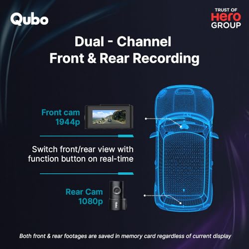 Image of Qubo Car Dashcam Pro 3K with Sony STARVIS IMX335 Sensor | Dual Channel | Hero Group | NightPulse Vision | 5MP UHD Front Wide, 2MP FHD Rear | 3.2 inch LCD | Built-in GPS, Wi-Fi | App | Up to 1TB Storage