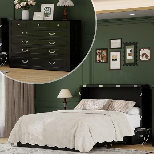 Keloyid Queen Murphy Bed Included Mattress：Wood Murphy Bed Cabinet with USB Charging Station and Large Storage Drawer for Bedrooms/Guest Rooms/Apartments, Black Walnut Color-2