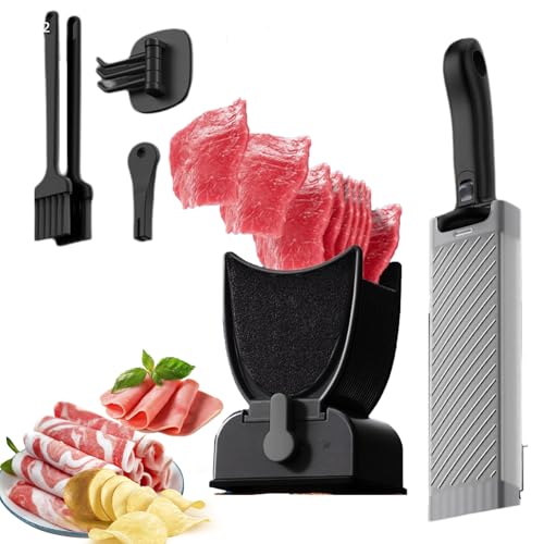 Manual Meat Slicer for Home, Stainless Steel Meat Slicer Cutter Set with Sharpener, 2 x Clean Brushes, Hook, Thickness Adjustable 2-4 mm, Dishwasher Safe,Fresh Meat Food Cutter for Beef Pork Mutton